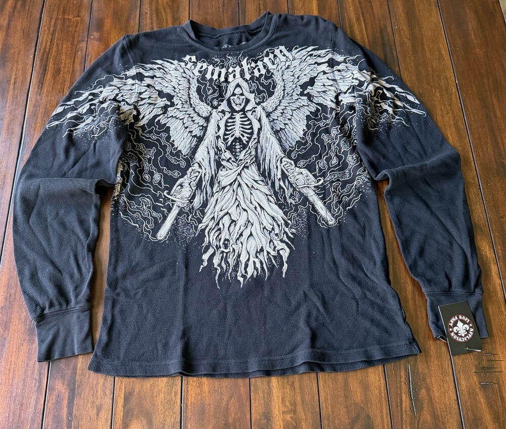 Affliction Haunted Mounds Men’s L Black Thermal Long Sleeve Graphic Shirt NWT
